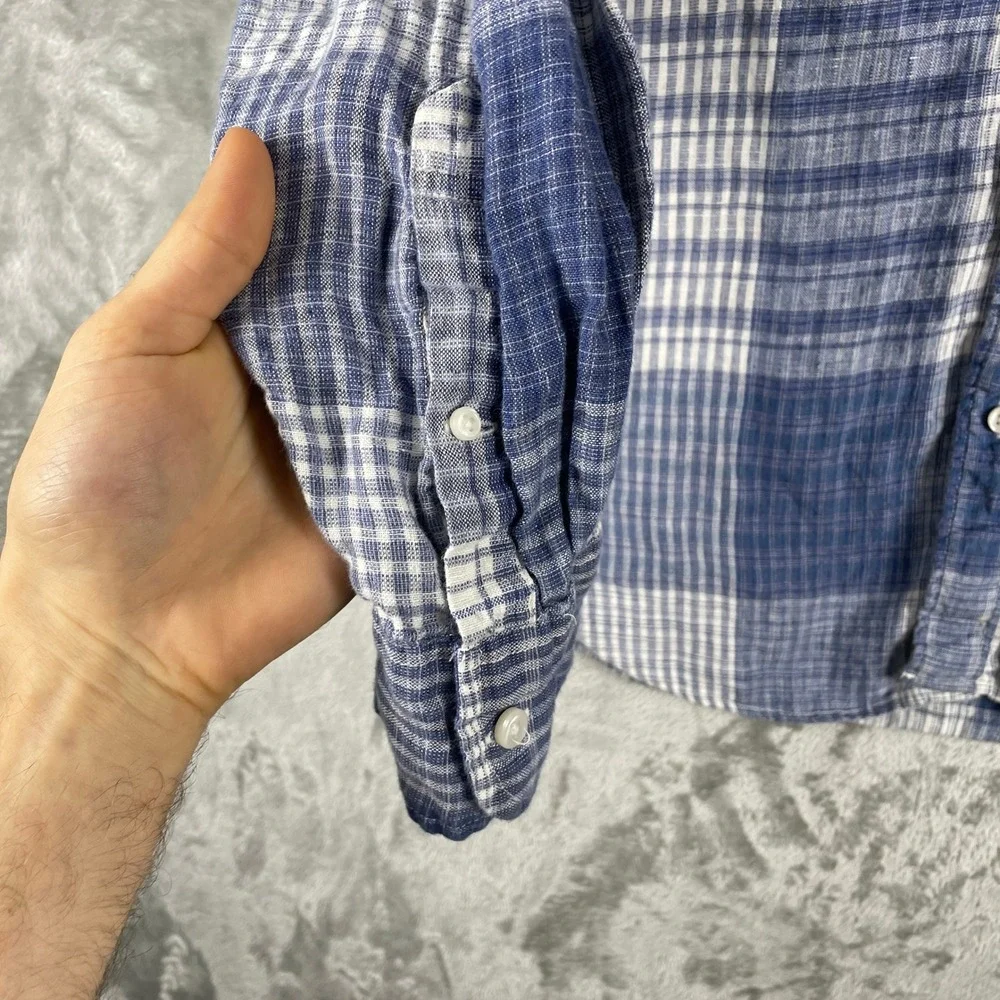 J. Crew Button Down Shirt Mens M Blue Plaid Slim Fit 100% Linen Long Sleeve